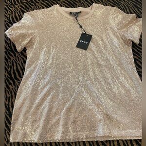 DKNY Women's Short Sleeve Sequin Tee - Champagne color